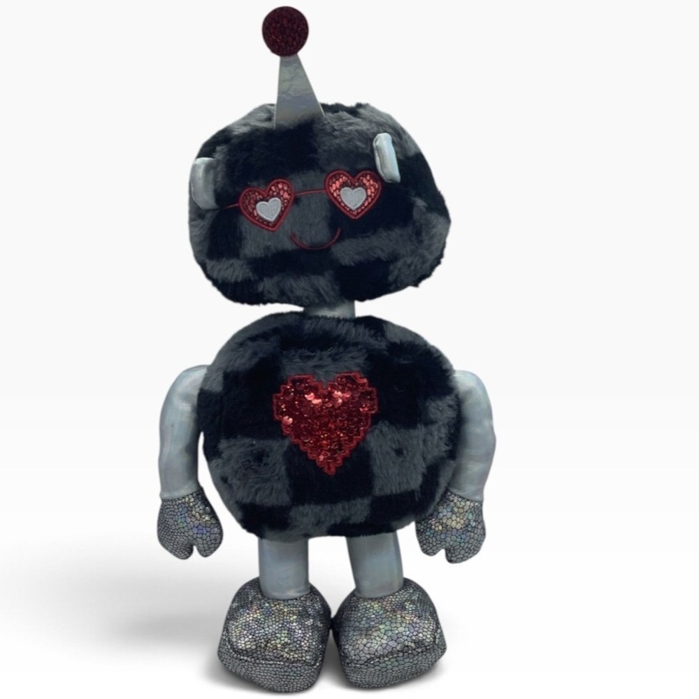 Walmart Black Robot Plush Checkered Grey Faux Fur Red Sequin Heart 16in 329897